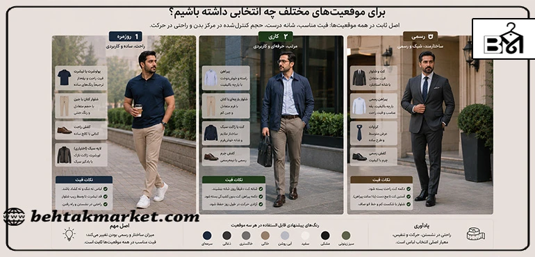 مقایسه تیپ و استایل روزمره، کاری و رسمی برای فرم بدن بیضی مردانه